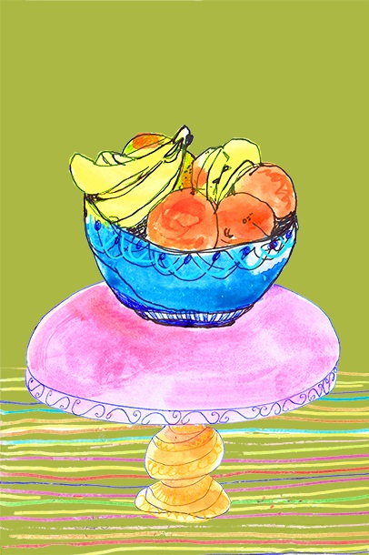 Blue bowl with oranges and bananas
